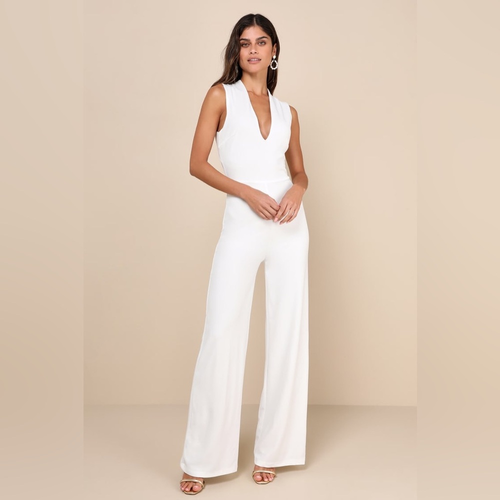 Lulus-Thinking Out Loud White Backless Jumpsuit (Large)